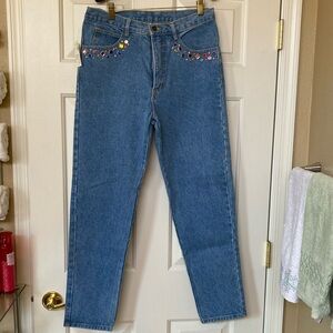 Blue Straight Leg Jeans with Embellishments